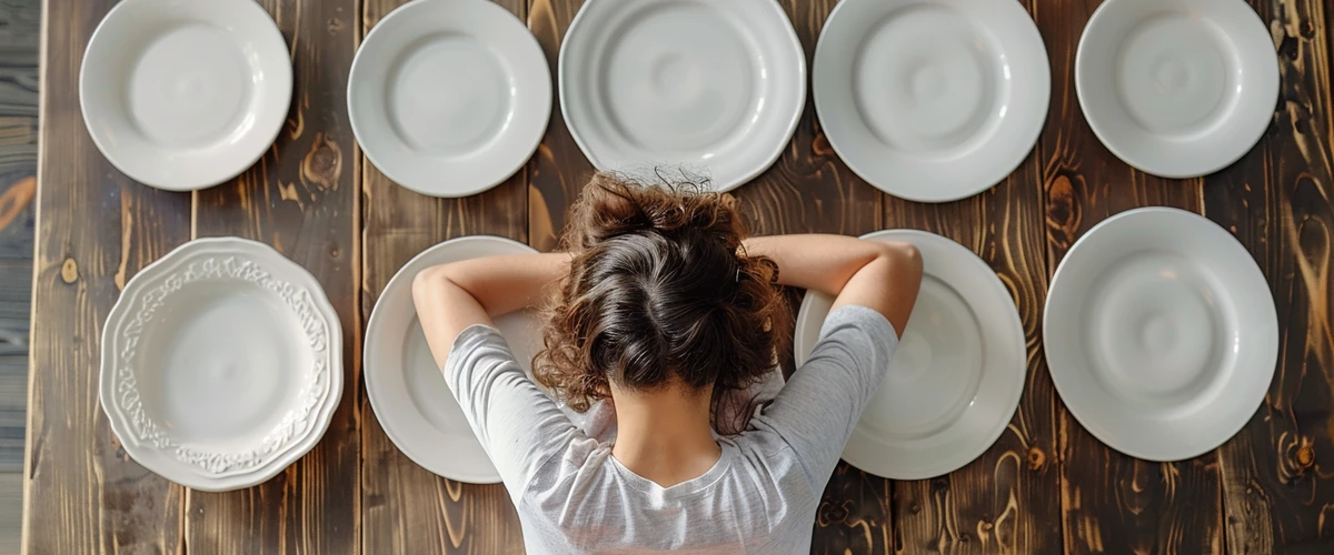 zmęczona kobieta siedząca przy stole z pustymi talerzami