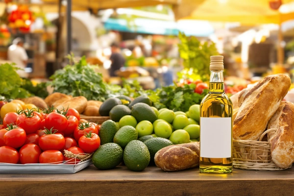 Świeże warzywa i oliwa na straganie