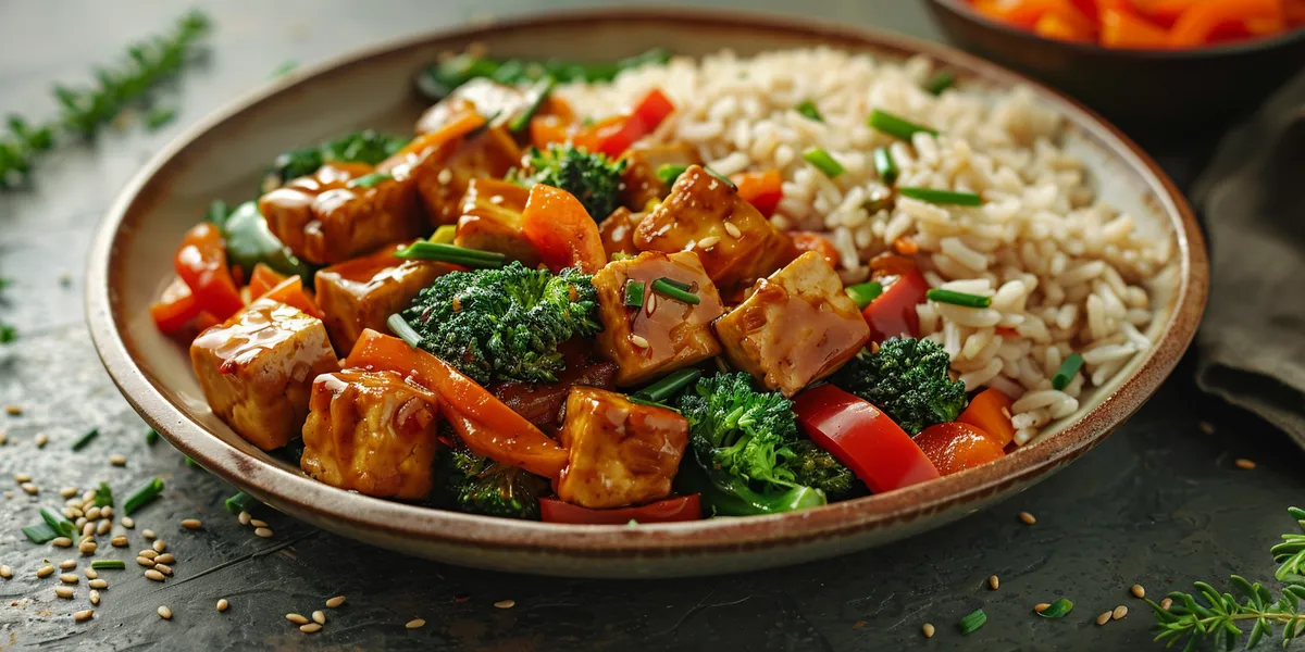 Tofu stir-fry z warzywami i brązowym ryżem